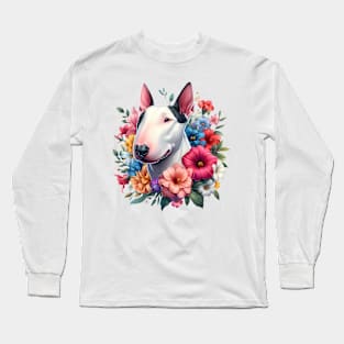 A bull terrier with beautiful colorful flowers Long Sleeve T-Shirt